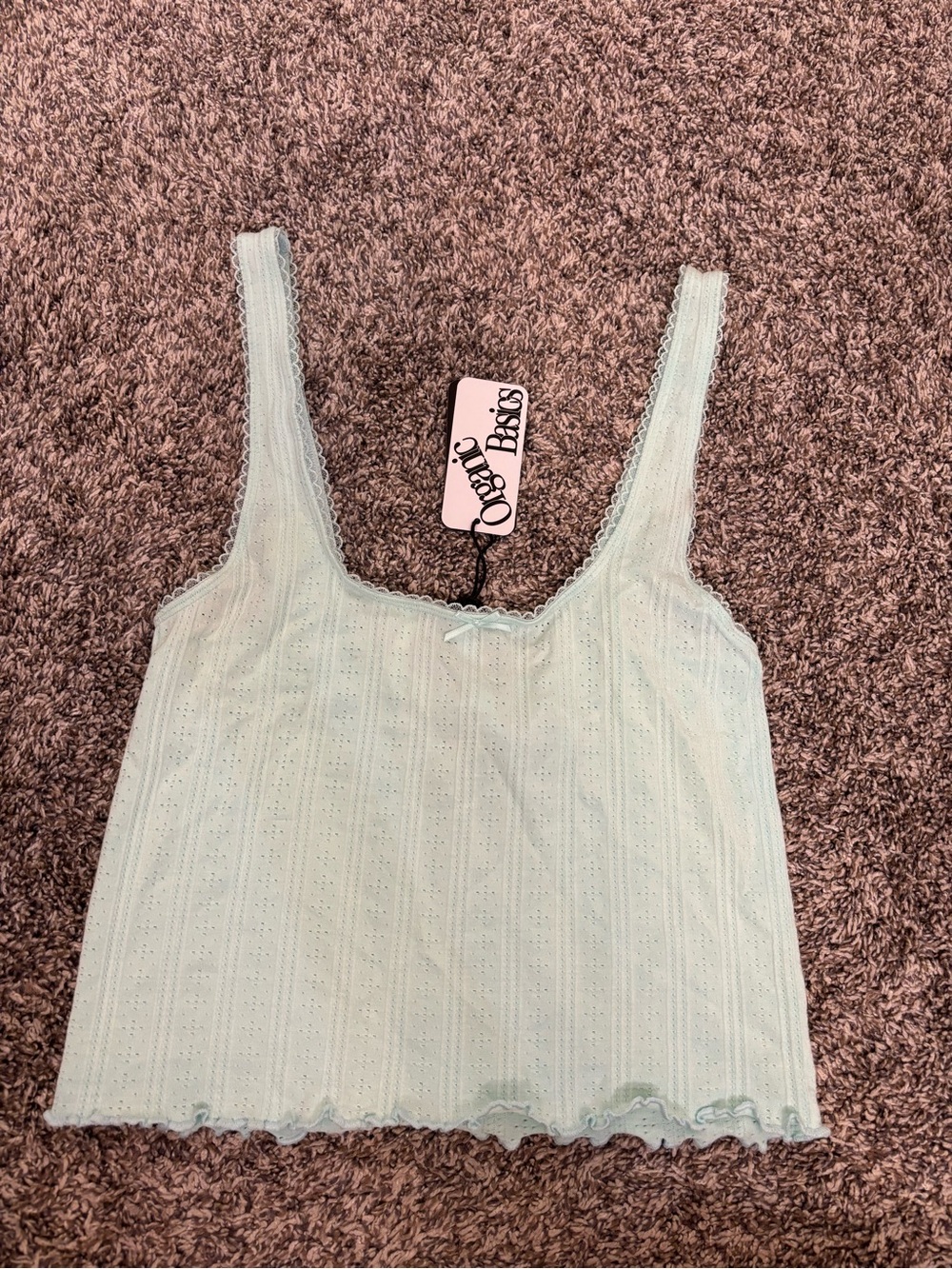 Organic Basics Pointelle Cami Light Mint Ribbed Lace-Trim Tank Top Sz Medium